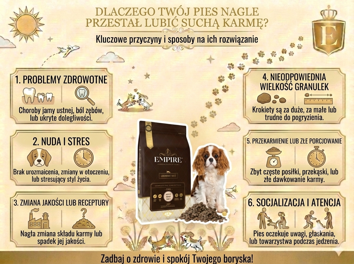 Infografika przedstawiająca najczęstsze przyczyny, dla których pies nagle przestał jeść suchą karmę, w tym problemy zdrowotne, stres, zmianę receptury karmy, nieodpowiednią wielkość granulek, przekarmianie oraz potrzebę większej uwagi opiekuna.